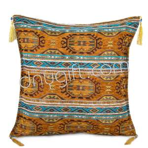 45x45 Kilim Desing Mustard Turquoise Turkish Cushion Cover 2226