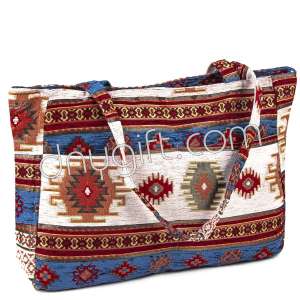 Double Pocketed Turkish Beach Bag Blue - Cream At0102