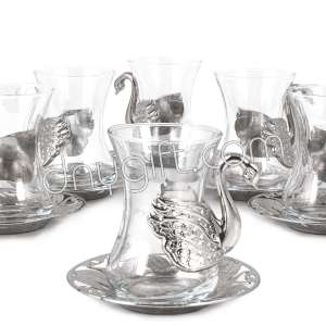 Silver Color Turkish Tea Set Glassware With Swan Design 