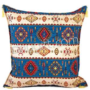 70x70 Cm Turkish Cushion Cover Blue-Cream