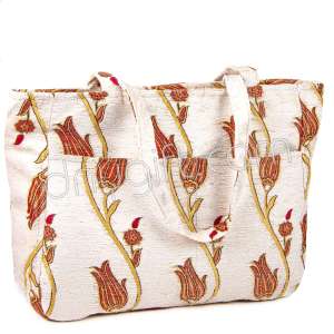 Çift Cepli Plaj Çantası Krem Sarmaşık Lale