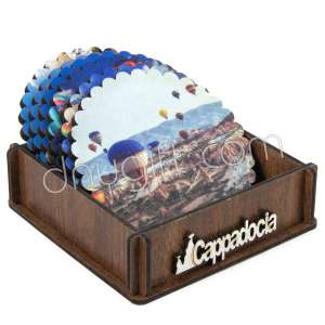 Ahşap Kutulu Bardak Altı Set Kapadokya Karışık